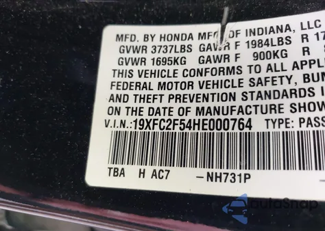 2017 Honda Civic Lx из США, поврежденный, VIN 19XFC2F54HE000764